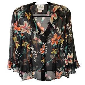 Vintage Tess Silk Sheer Floral Blouse Women 16 Ruffle Whimsigoth Chic Tropical